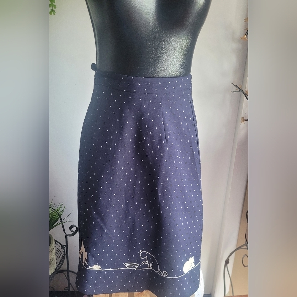 Miss Patina Blue A-line Skirt with Cat Print Hemline S